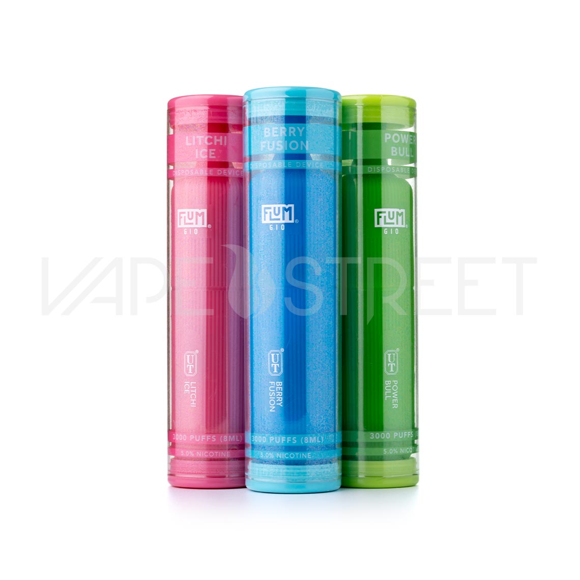 Flum Gio Disposable Vape 3000 Puffs Berry Fusion, Litchi Ice, and Power Bull